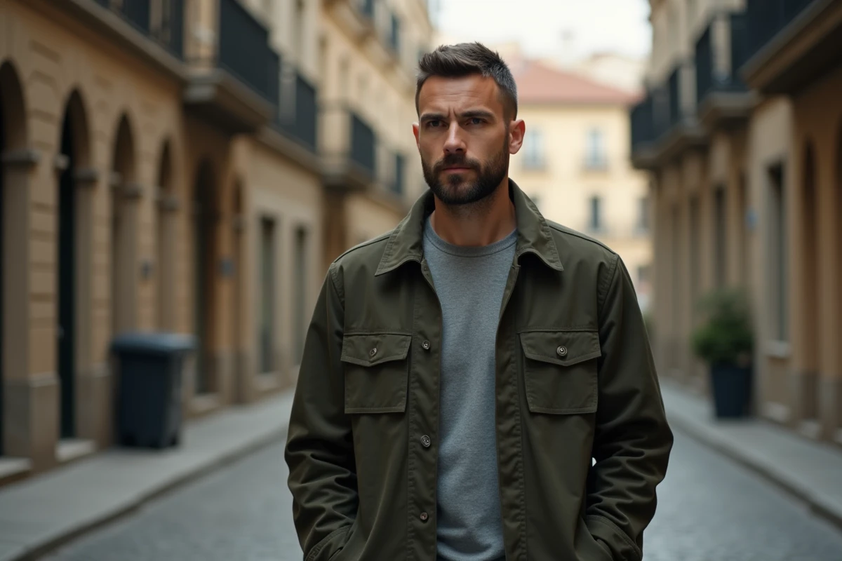 Homme de 40 ans avec une coupe texturée courte et manteau chore coat marchant dans une rue pavée européenne en automne