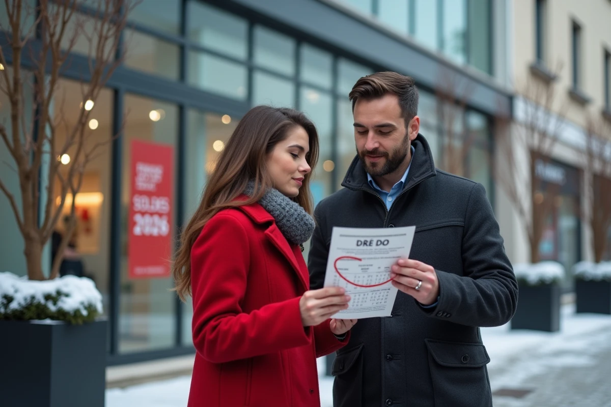 Couple comparant les dates des soldes 2026 devant un centre commercial avec des affiches promotionnelles