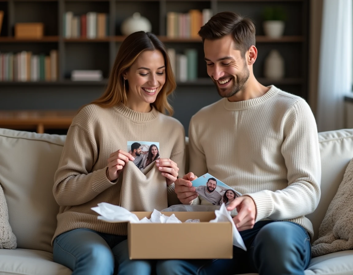 Couple découvrant leurs pulls personnalisés avec photo dans un salon cosy, packaging cadeau élégant et ambiance chaleureuse
