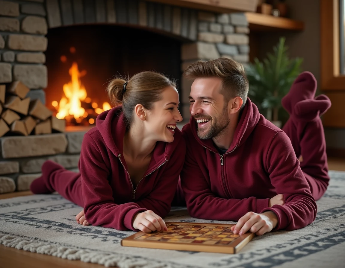 Couple en grenouillères polaires bordeaux jouant à un jeu de société devant une cheminée dans un chalet chaleureux en hiver