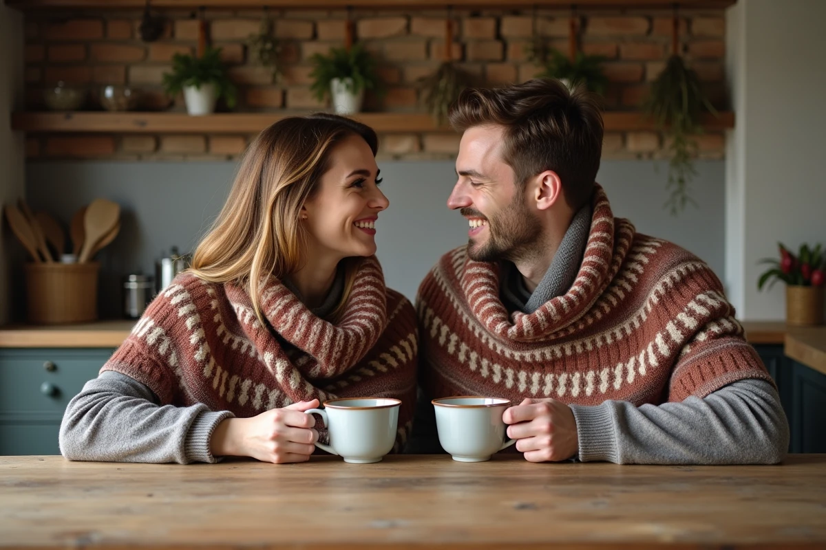 Couple partageant un grand pull jacquard à motifs Fair Isle autour d'une table en bois rustique avec des tasses en céramique