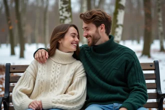 Couple en pulls d'hiver assortis crème et vert forêt assis sur un banc enneigé dans un parc aux bouleaux