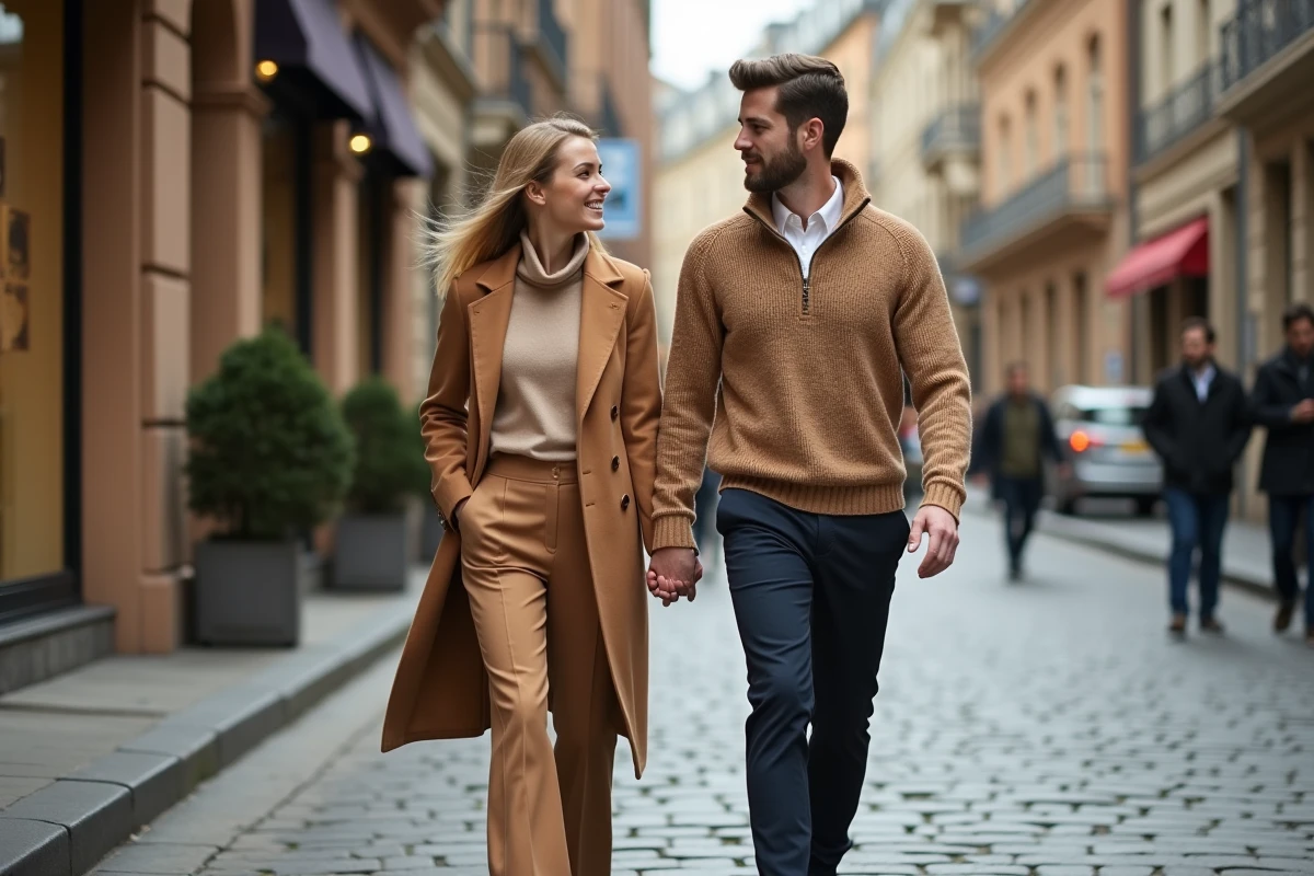 Couple en pulls d'hiver camel et avoine marchant main dans la main sur une rue pavée d'une ville en automne