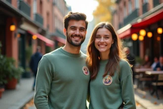 Couple assorti portant des pulls personnalisés avec photo brodée dans une rue pavée en automne, rendu chic et naturel