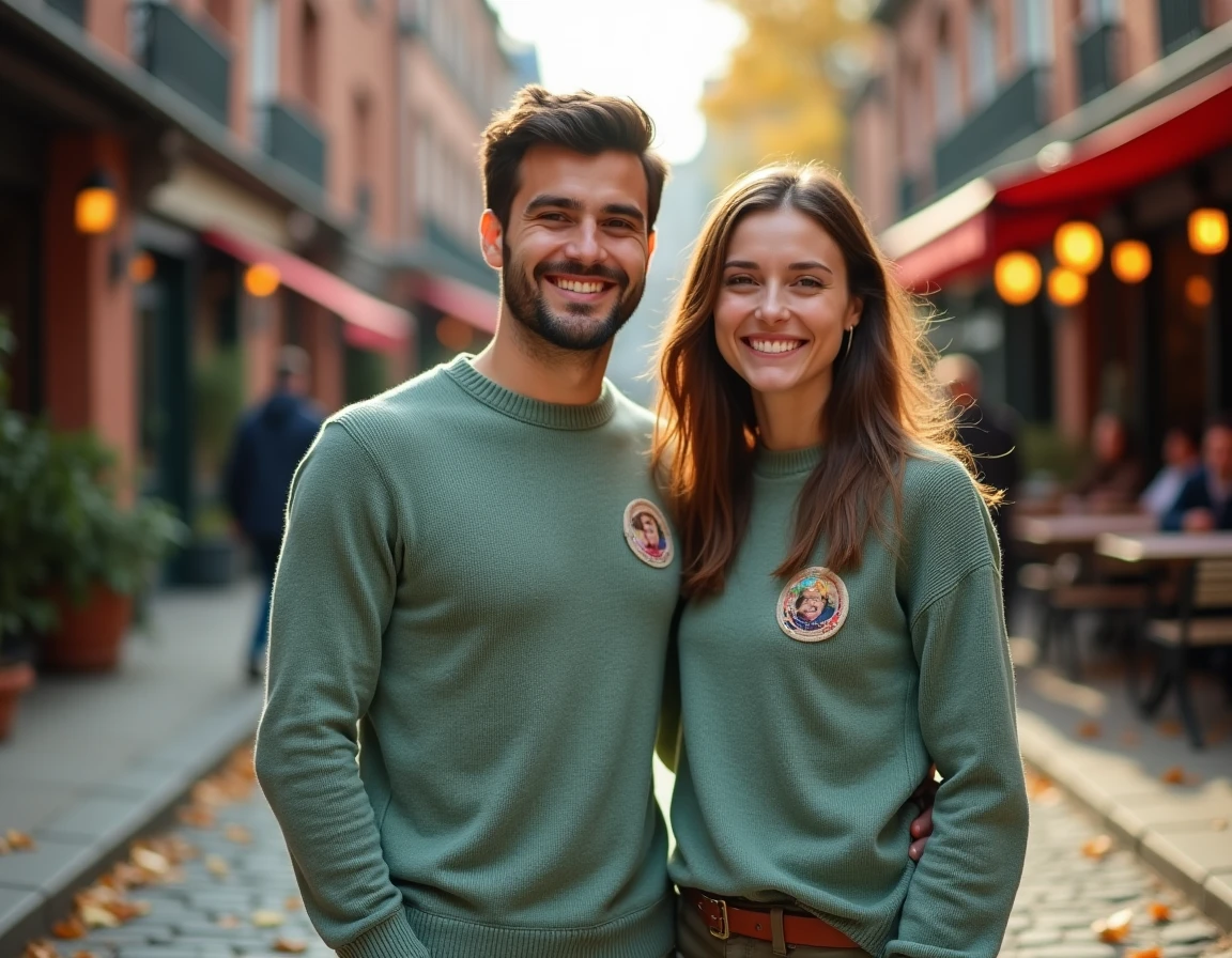 Couple assorti portant des pulls personnalisés avec photo brodée dans une rue pavée en automne, rendu chic et naturel