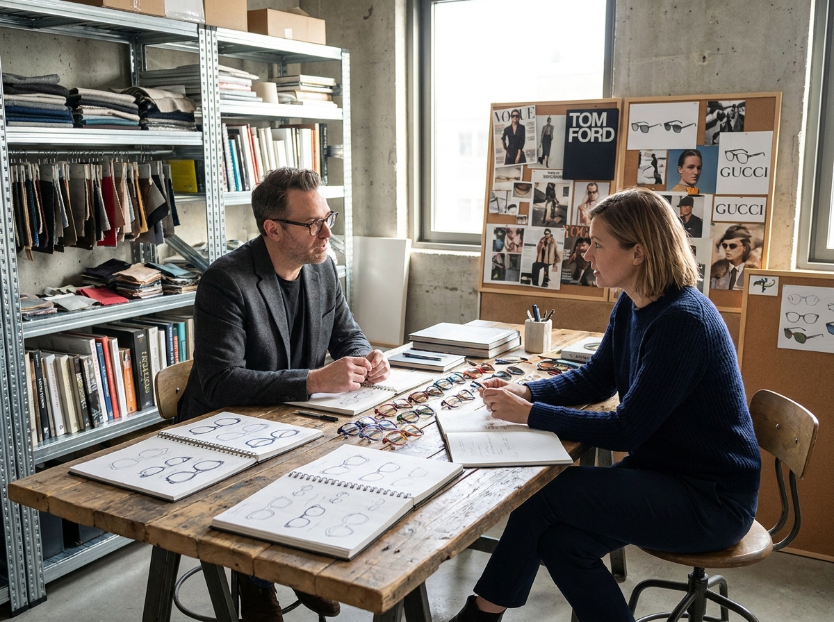 Deux créateurs collaborant sur des prototypes de lunettes de mode dans un studio de design