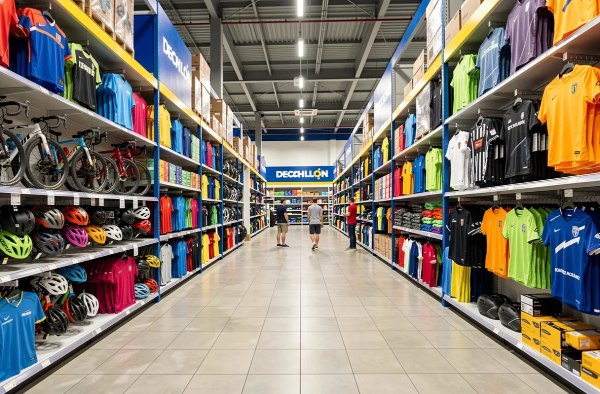 Intérieur spacieux du Decathlon de Villeneuve-d'Ascq Campus avec de larges rayons de sport et des clients qui naviguent parmi les équipements