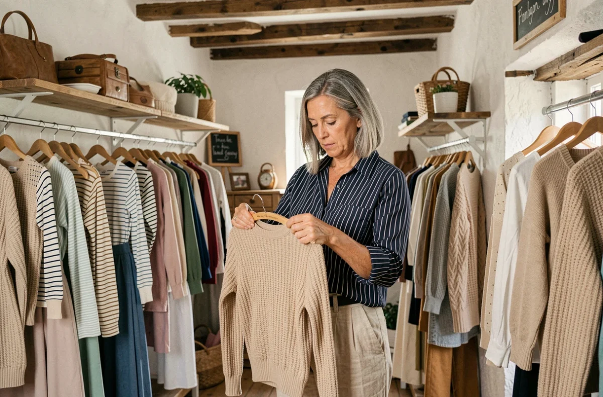 Boutique Défi Mode à Angy avec une femme arrangeant des vêtements dans un cadre rustique et accueillant