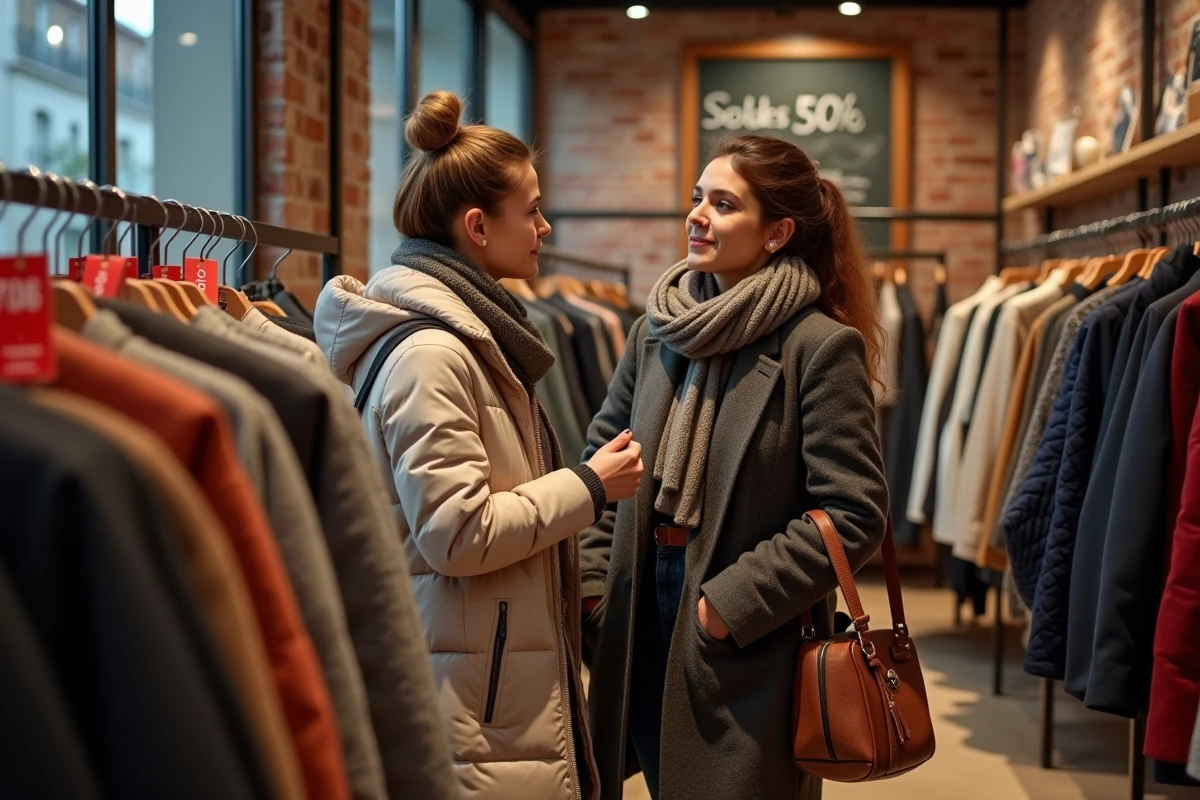Deux femmes examinant un vêtement soldé dans une boutique de mode pendant les soldes d'hiver, illustrant l'hésitation et les erreurs d'achat impulsif