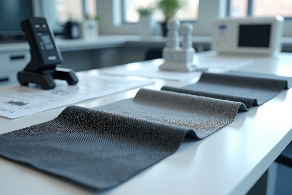 Echantillons de textiles haute technologie sur une table de laboratoire