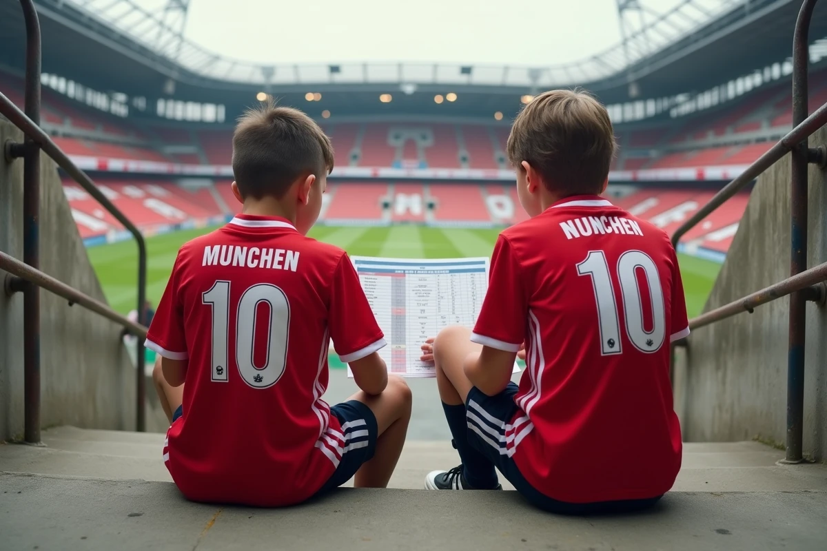 Deux enfants en maillot Bayern Munich consultant un guide des tailles assis sur les marches d'un stade
