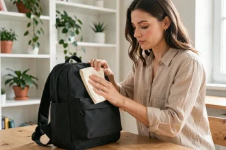 Femme entretenant son sac à dos ordinateur noir en le nettoyant avec un chiffon microfibre sur un bureau en bois