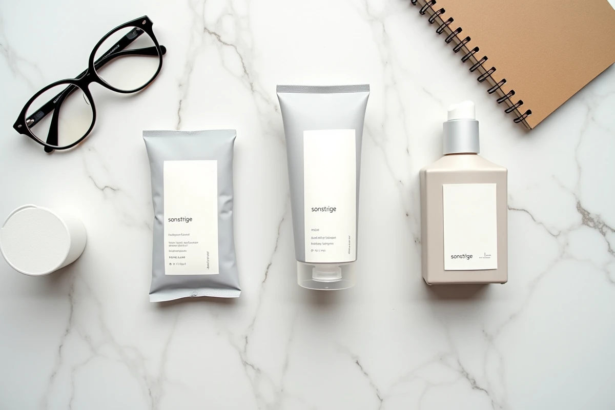 Vue à plat d'étiquettes de produits génériques sur marbre blanc avec bloc-notes