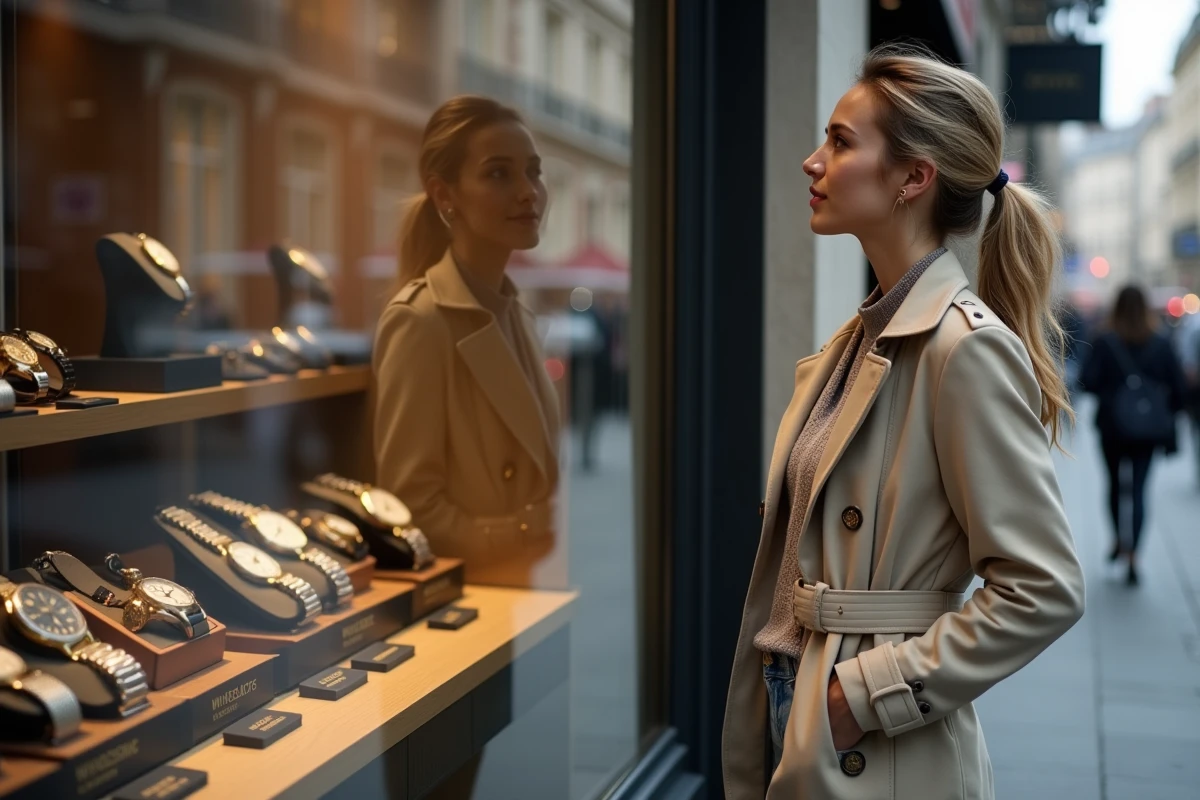 Femme étudie des montres de luxe devant une vitrine