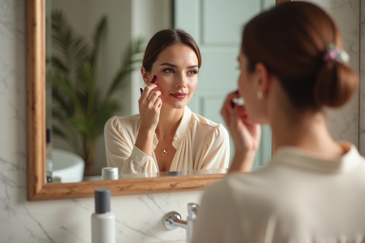 Femme élégante appliquant un rouge à lèvres rose devant un miroir
