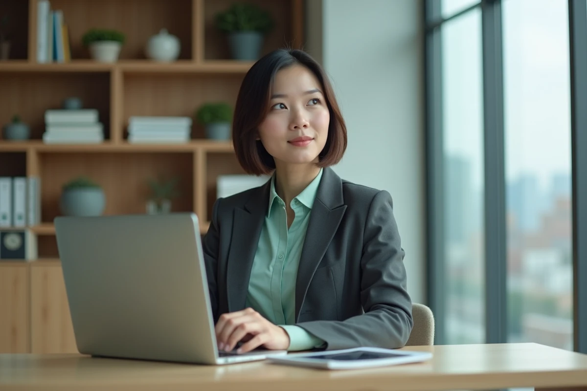 Femme asiatique au bureau minimaliste en open space