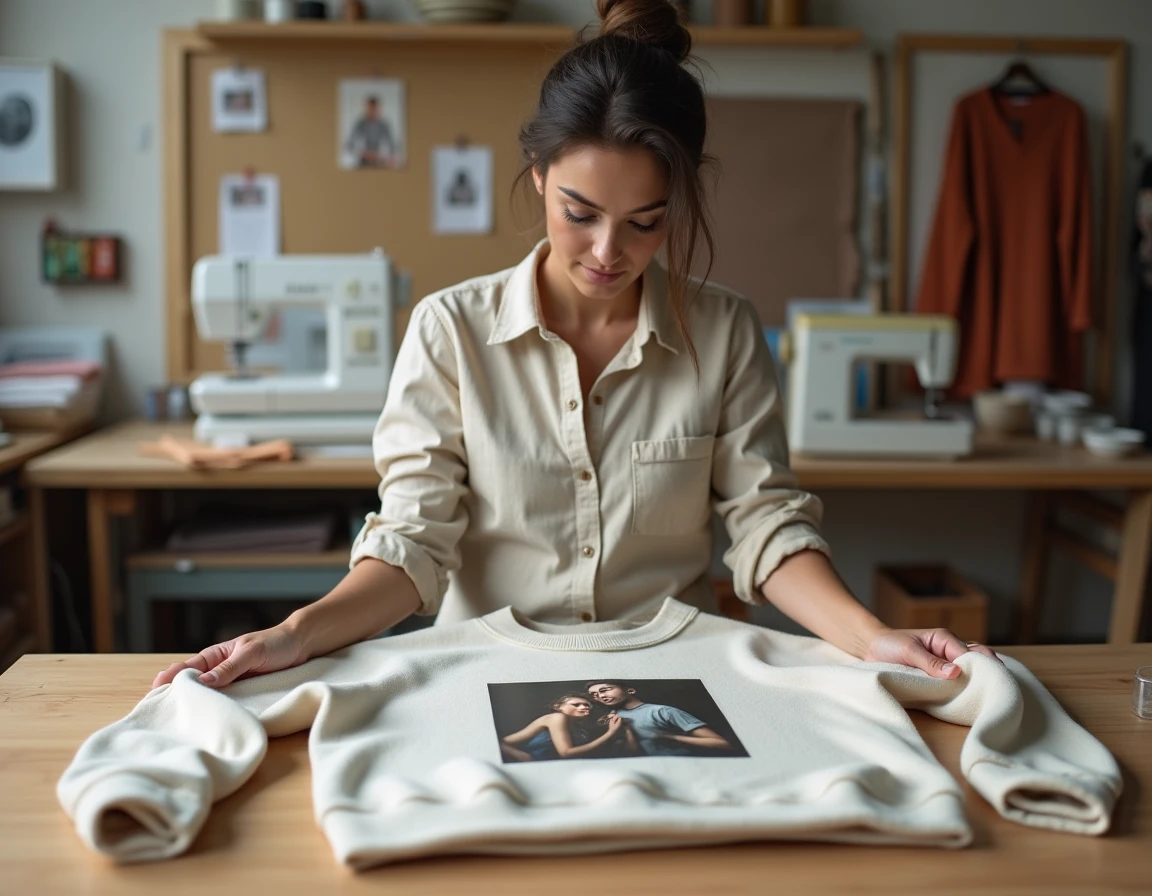 Femme inspectant un pull personnalisé avec impression photo dans un atelier créatif en bois, ambiance artisanale