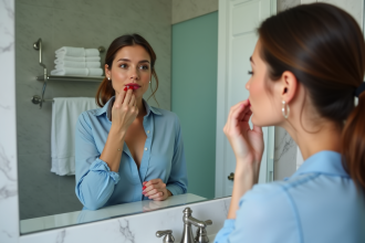 Femme appliquant rouge à lèvres dans sa salle de bain