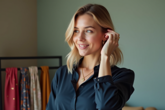 Femme blonde souriante en blouse navy élégante
