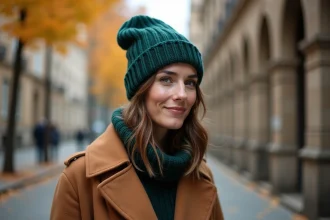Femme portant un bonnet en laine côtelé vert forêt avec un manteau camel en automne dans une rue pavée