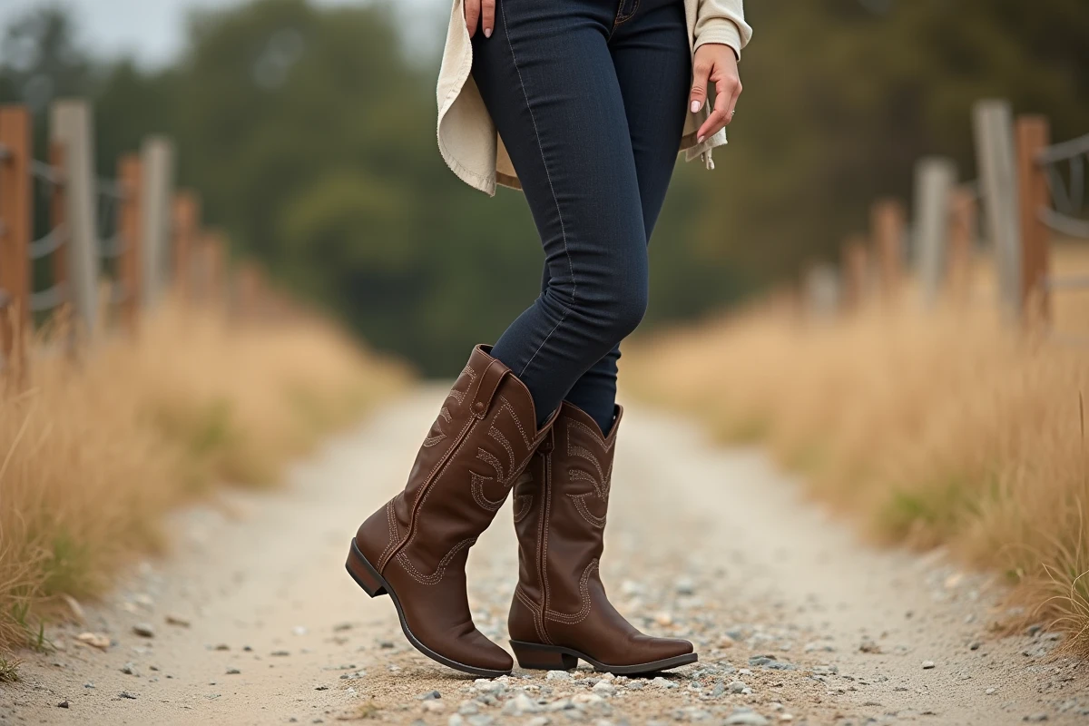 Femme portant des bottines country vegan en faux suède brun avec jean et chemise en lin dans un décor champêtre