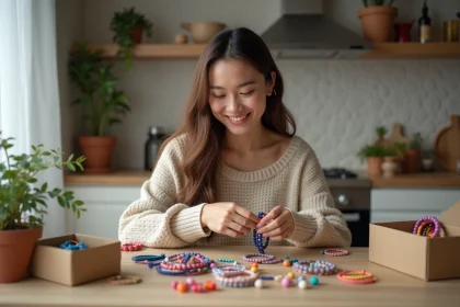 Femme créant des bracelets dans la cuisine chaleureuse