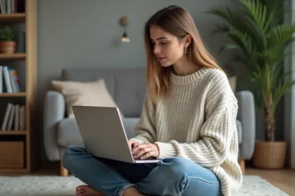 Femme assise sur le sol avec un ordinateur portable dans un intérieur moderne