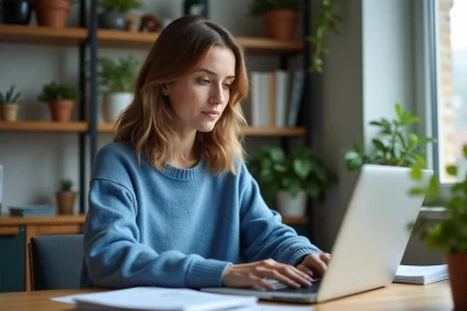 Femme en bureau moderne mettant à jour ses infos sur un ordinateur