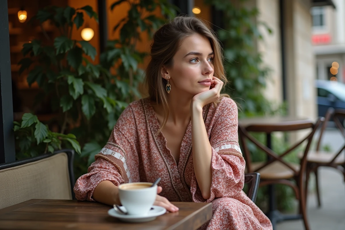 Jeune femme assise au café avec robe bohème détendue