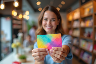 Femme souriante tenant une carte cadeau colorée dans un magasin
