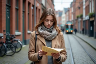 Jeune femme consultant une carte dans une rue pavée du vieux Lille avec des façades en briques flamandes