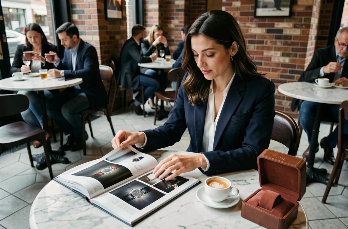 Jeune femme découvrant les maisons horlogères Richemont dans un catalogue de montres de luxe dans un café parisien chic