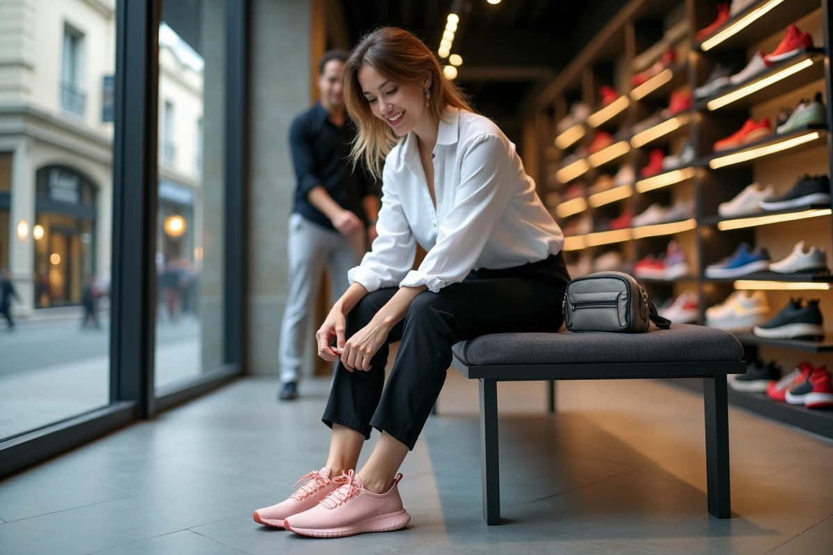 Femme attachant ses lacets dans une boutique de sport élégante