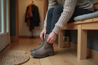 Femme senior enfilant des chaussures orthopédiques d'hiver Sursell pour soulager les douleurs aux pieds