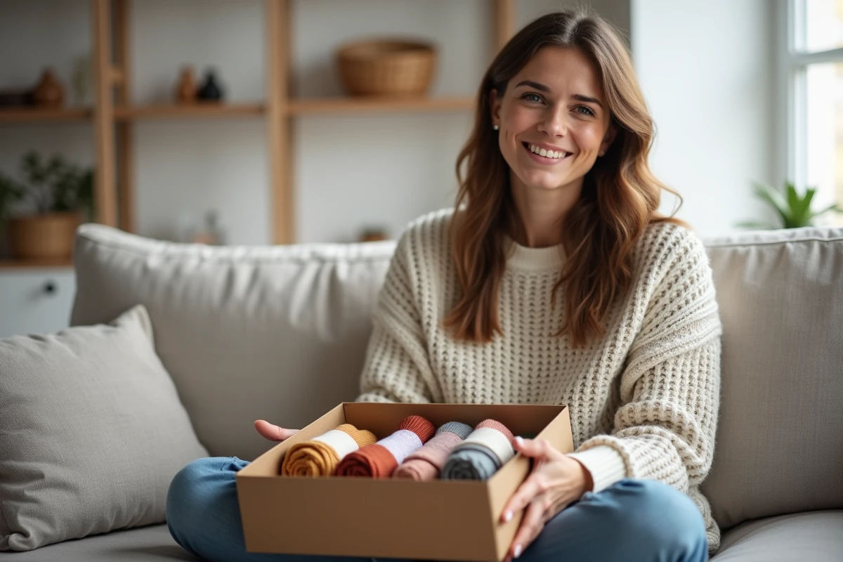 Femme souriante tenant un coffret classique de chaussettes colorées assise sur un canapé en lin dans un salon minimaliste