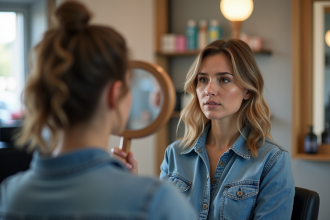 Femme regardant son coupe de cheveux inégale dans un salon moderne