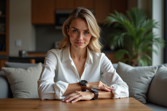 Femme en intérieur compare deux montres sur son poignet