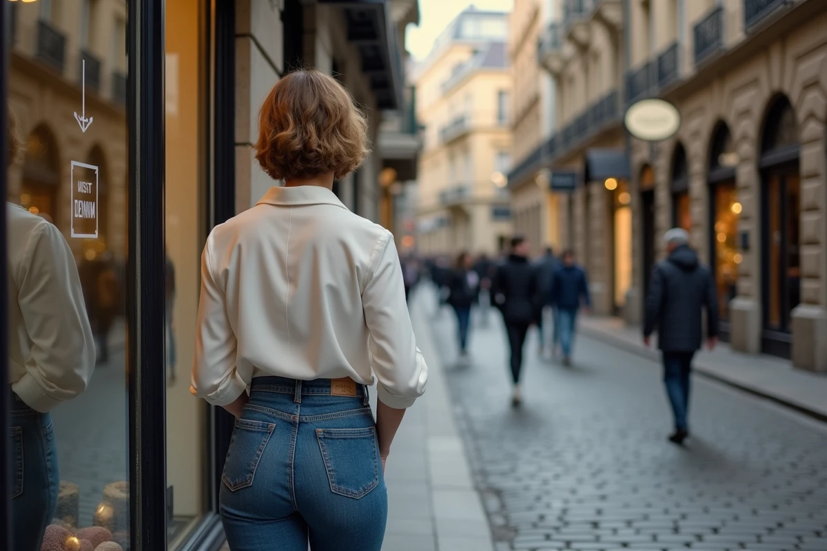 Femme regardant ses jeans dans une vitrine urbaine