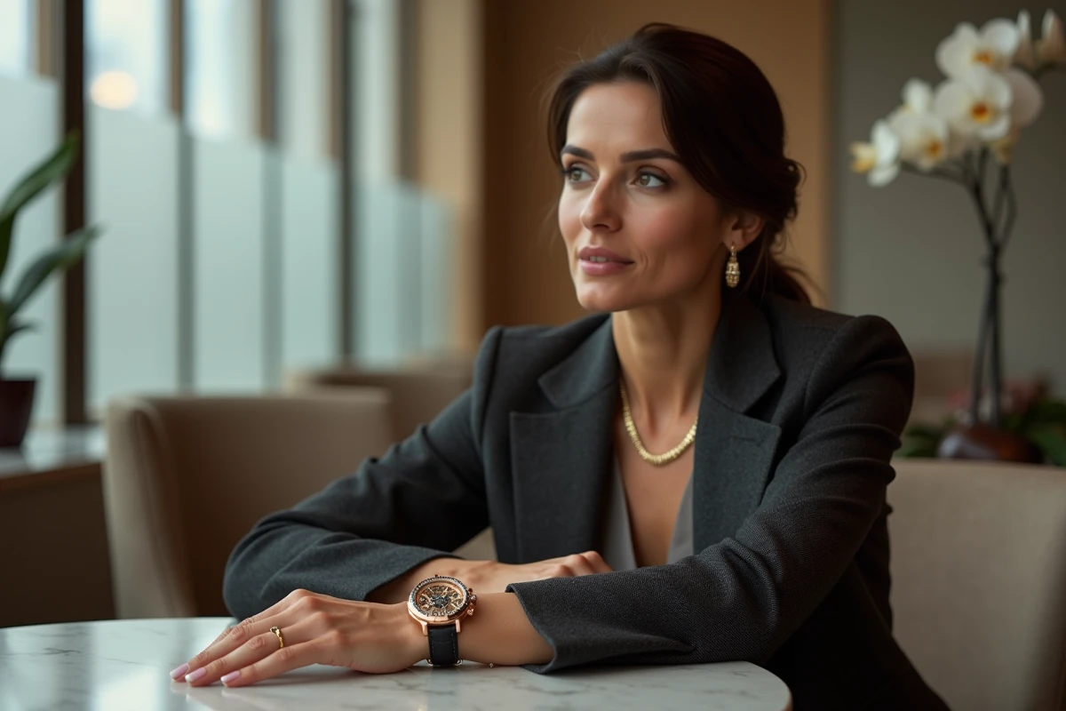 Femme élégante portant une montre à grande complication en or rose dans un salon d'hôtel de luxe à Zurich