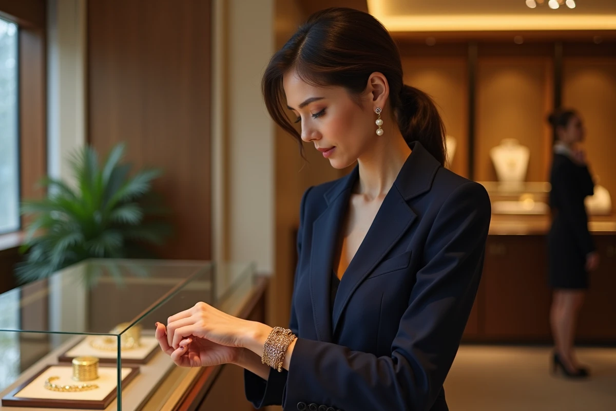 Femme élégante essayant un bracelet en or dans une bijouterie de luxe devant une vitrine avec des présentoirs en velours