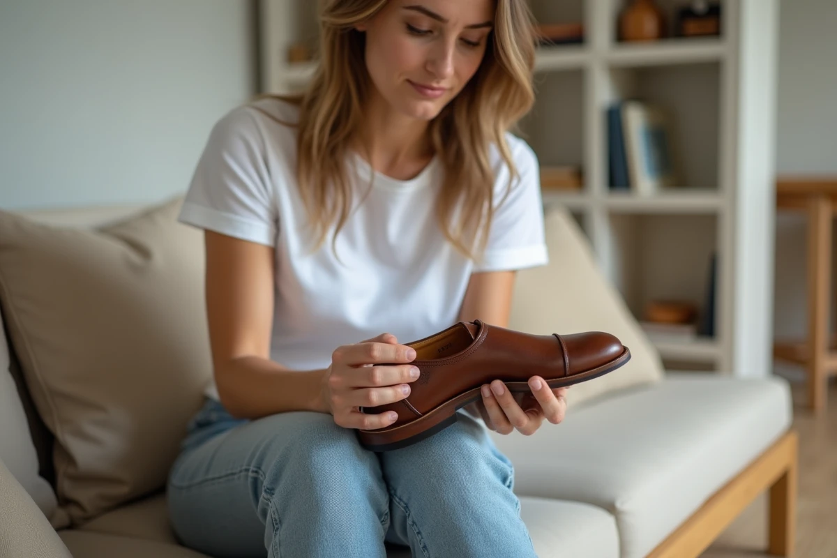 Femme examinant l'étiquette de pointure UK à l'intérieur d'une chaussure Oxford en cuir pour acheter la bonne taille sur un site anglais