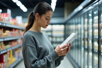 Femme examinant attentivement l'étiquette d'un produit générique en supermarché
