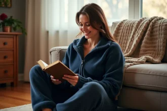 Femme portant une grenouillère polaire bleue marine, assise sur un canapé en train de lire un livre dans un salon cosy en hiver