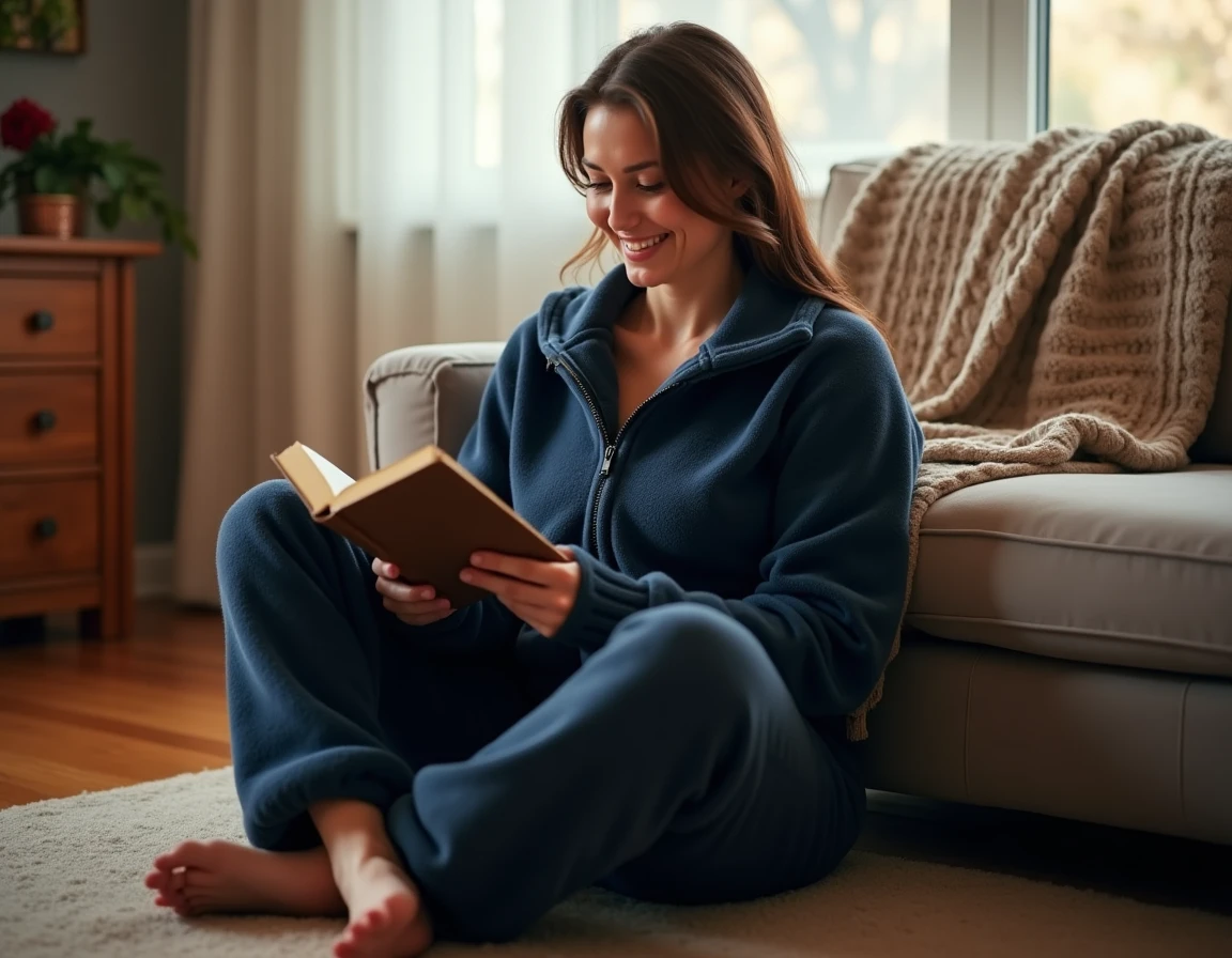 Femme portant une grenouillère polaire bleue marine, assise sur un canapé en train de lire un livre dans un salon cosy en hiver