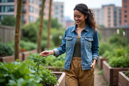 Femme dans un jardin urbain écologique inspectant des légumes
