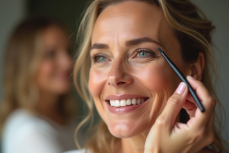 Femme souriante appliquant un maquillage des yeux devant un miroir