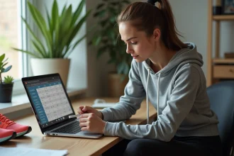 Jeune femme mesure son pied avec un ruban dans un bureau moderne