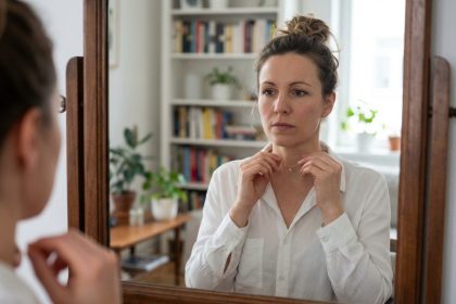 Femme en portrait portant un collier doré délicat