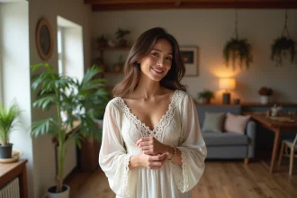 Femme en robe boheme de soirée ajustant son bracelet