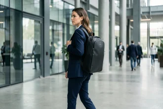 Femme professionnelle portant un sac à dos discret pour ordinateur portable dans le lobby d'un immeuble de bureaux moderne